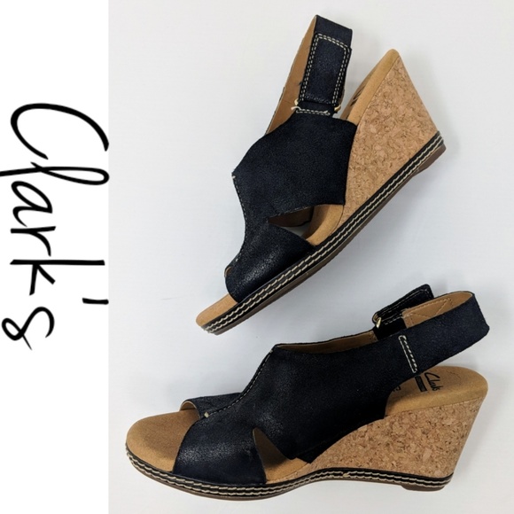 Clarks Shoes - Clark's Black Leather Cork Wedge Sandals, 5.5 M